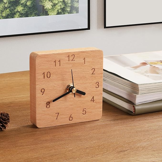 Kattepote Wooden Table Clock on Stand, Decorative Battery Operated Desk and Shelf Clock, Silent Non-Ticking Desktop Clock for Office, Living Room or Bedroom Decor, Square Shape, Beech Wood