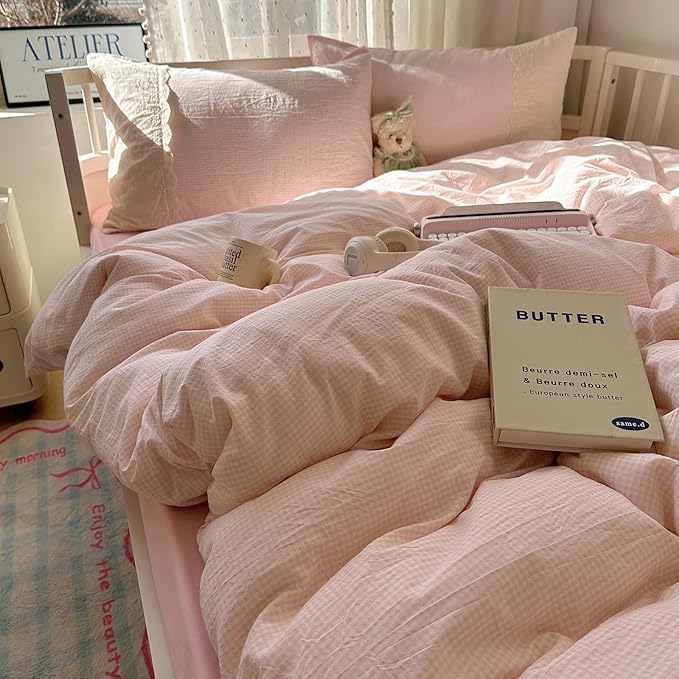 LifeTB Pink Gingham Duvet Cover Twin XL 3 Pieces Romantic Lace Duvet Cover Pink Plaid Checkered Comforter Cover with 2 Pillowcases Soft Breathable Microfiber Grid Farmhouse Plaid Bedding Set