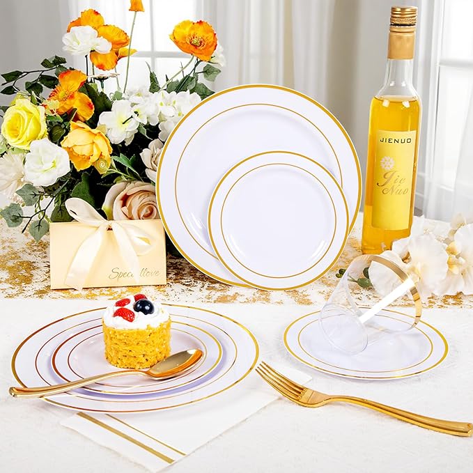 GATHER 350PCS Gold Plastic Plates - White and Gold Disposable Plastic Dinnerware Set Include 50 Dinner Plates, 50 Dessert Plate, 150 Silverware, 50 Napkins, 50 Cups for Party & Wedding & Christmas