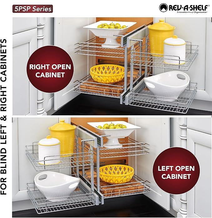 Rev-A-Shelf Dual Tier Pullout Shelf Organizer for Blind Corner Kitchen or Bathroom Cabinets with Soft-Close,18", 4 Shelves, Chrome, 5PSP-18SC-CR