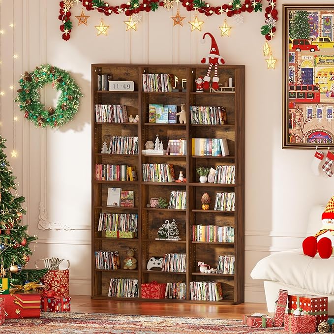 LELELINKY 8 Tier Tall Display Cabinet, Brown Media Storage Cabinet with Adjustable Shelves, Free Standing DVD Organizer Shelf, Floor Multimedia Storage Manga Bookshelf for Living Room & Home Office.