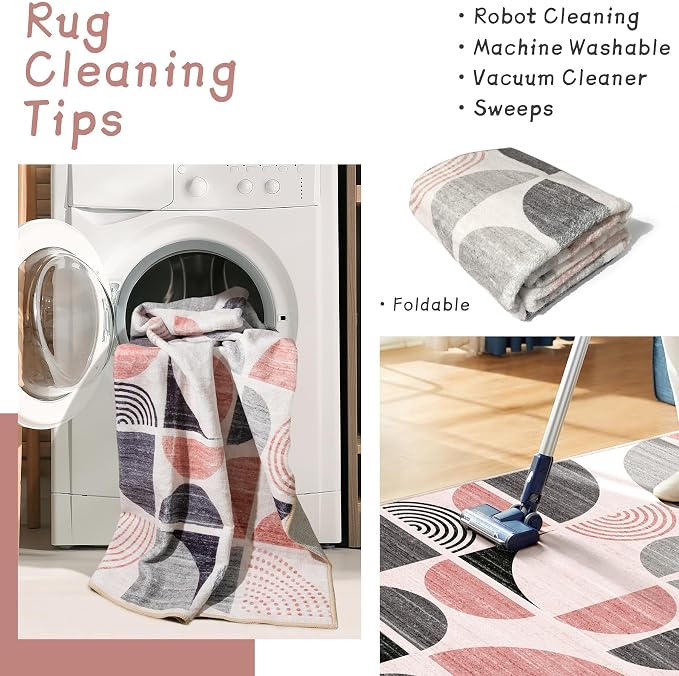MUJOO Round Rug 4ft,Small Circle Area Rug Washable,Circular Rugs for Entryway Bedroom Kitchen,Boho Non Slip Throw Floor Carpet Modern Abstract Pink and Grey