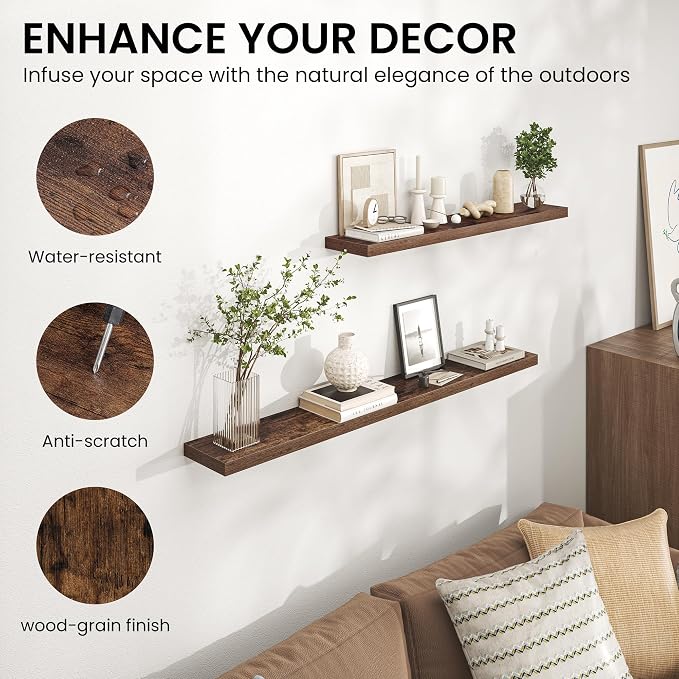 Heimlove Floating Shelves for Wall 40 Inch,Mounted Storage & Display Hanging Shelf with Invisible Brackets,for Bedroom,Living Room,Kitchen,Office,Set of 2,Rustic Brown