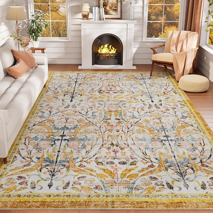 AMTOVO 9x12 Washable Area Rugs for Living Room, Non-Slip&Non-Shedding Floral Large Soft Boho Vintage Print Carpet for Bedroom Girls Room Dorm Dining Room Farmhouse Nursery Home Office, Golden Yellow