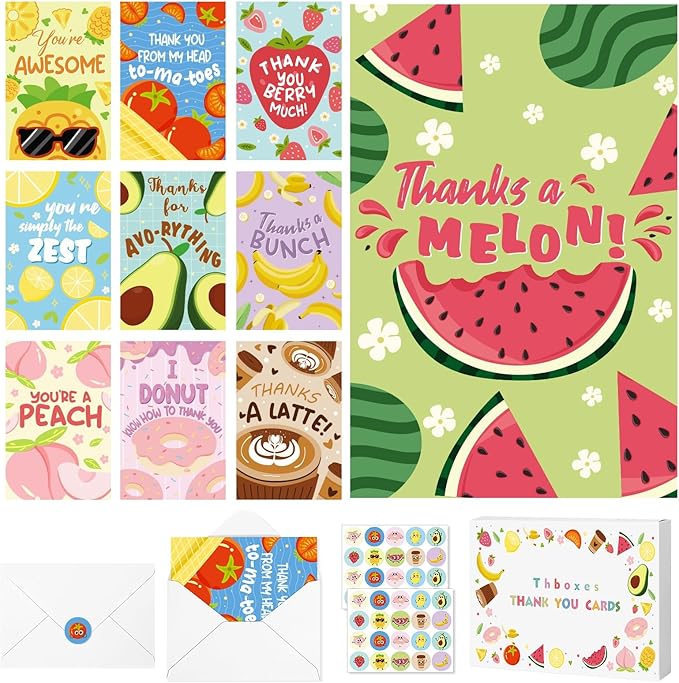 Thboxes 40 Pack Funny Thank You Cards with Envelopes & Stickers, 4×6 in Cute Thank You Card, Blank Cards and Envelopes Greeting Card for Kids Birthday, Wedding, Baby Shower, Thanksgiving, Christmas