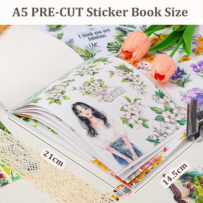 Snycler Sticker Book - 20 Sheets Vintage PET Stickers for Scrapbooking, Junk Journaling, Ephemera, and Decorative Crafts-Blossom and Winter