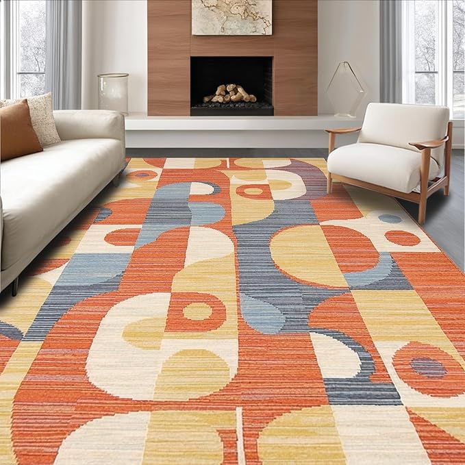 Flatwoven High Traffic Area Rug 5x7, Vibrant Geometric with Artistic Swirls and Colorful Motifs, Non Slip, Stain Resistant, Washable Area Rugs for Living Room, Bedroom (Orange, 5x7)