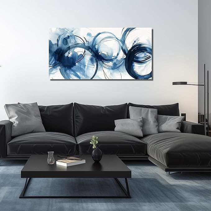 Abstract Circle Canvas Wall Art for Bedroom Blue and White Wall Decor for Dining Room Big Modern Poster Wall Art for Apartment Size 24 x 48 Inch