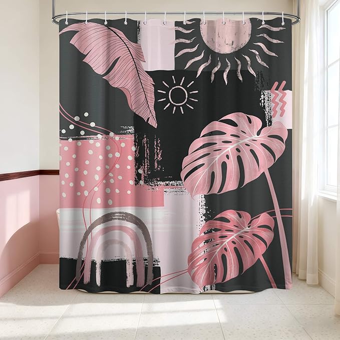 Pink and Gray Mid Century Modern Shower Curtain Bohemian Abstract Light Pink and Grey Shower Curtains for Bathroom Decor Sets, Waterproof Cloth Fabric with Hooks, 72x84 Inch