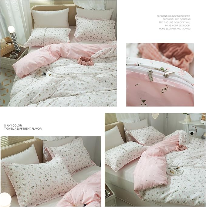 Pink Flower Duvet Cover Full Size Girls Cottage Floral Duvet Cover with 2 Pillowcases Soft 100% Cotton Flower Bedding Set Full Vintage Floral Comforter Cover with Zipper Closure for Girls Women