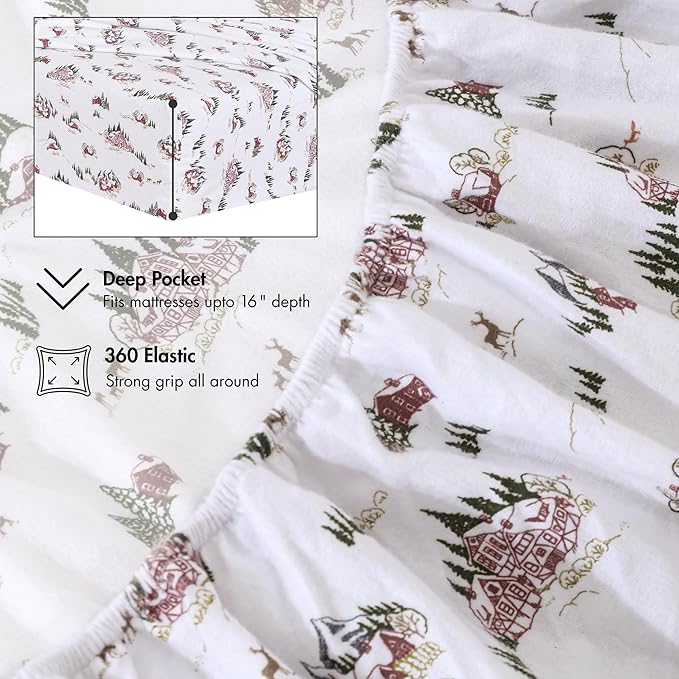 RUVANTI Flannel Sheets Twin XL Size - 100% Cotton Double Brushed Twin XL Sheet Sets, Deep Pockets 16 Inches, All Seasons Breathable & Extra Soft Bed Sheets, Warm & Cozy, 3 Piece, Hilly Huts