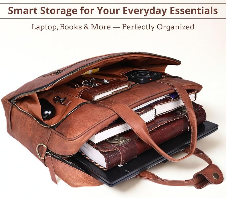 17-inch Genuine Leather Laptop Briefcase for Men and Women – Brown Leather Messenger Bag for Professional Work, Office, College & Travel Computer Laptop Bag