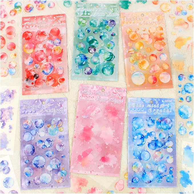 24 Sheets Precut Transparent PET Stickers for Journaling, 6 Assorted Colors, Watercolor Splash and Bubble Sticker for Scrapbooking, Junk Journal Supplies, Card Making, Collage, Arts Crafts