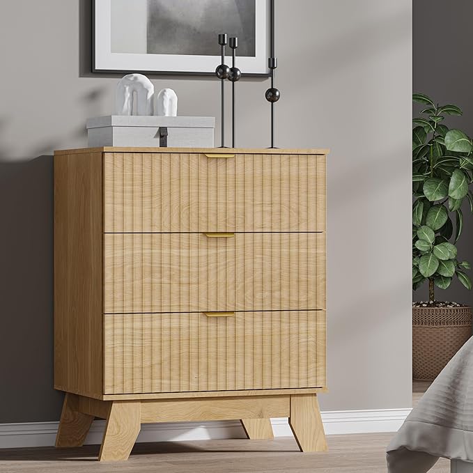 BORNOON Fluted 3 Drawer Dresser, 30.3" Tall Compact Modern Boho Chest of Drawers, Wooden Storage Cabinet for Bedroom, Living Room, Entryway, Curved Profile Design