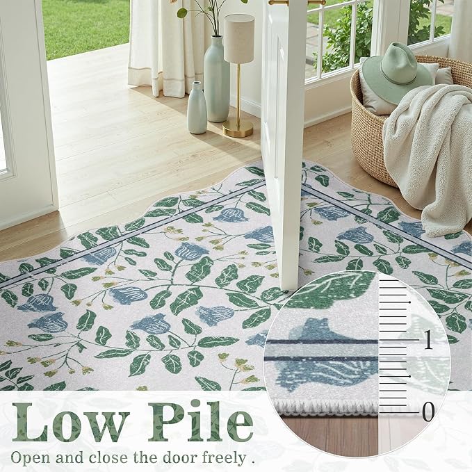 DCX Washable Botanical Floral Rug 3x5, Blue and Green Scalloped Rug, Non Slip Low Pile Carpet for Bedroom, Living Room, Kid & Pet Friendly