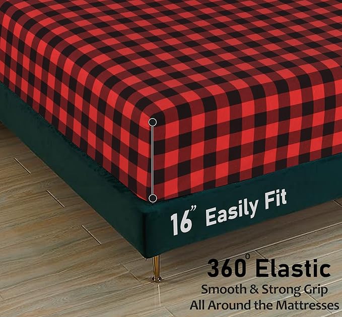 RUVANTI Flannel Sheets Full Size - 100% Cotton Double Brushed Bed Sheets Set, Deep Pockets 16 Inches, All Seasons Breathable & Extra Soft Full Sheets, Warm & Cozy, 4 Piece, Red & Black Plaid