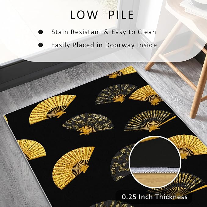 Oriental Fan Runner Rug 2x8, Black and Gold Vintage Asian Design, Japanese Style Area Rug Washable Hallway Rugs Non-Slip Floor Carpet Runner for Bedroom, Narrow Hallway, Kitchen Aisle