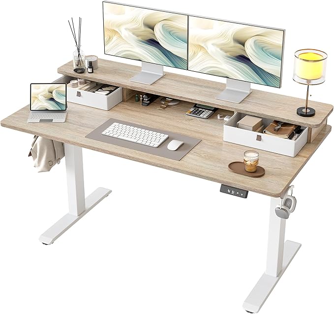 TIQLAB Standing Desk with Two Drawers, Stand Up Standing Desk Adjustable Height, Electric Sit Stand Table with Storage Shelf and Splice Board, 55 * 24 inch, Maple