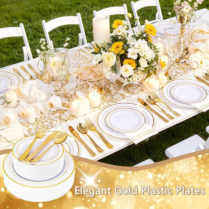 GATHER 350PCS Gold Plastic Plates - White and Gold Disposable Plastic Dinnerware Set Include 50 Dinner Plates, 50 Dessert Plate, 150 Silverware, 50 Napkins, 50 Cups for Party & Wedding & Christmas
