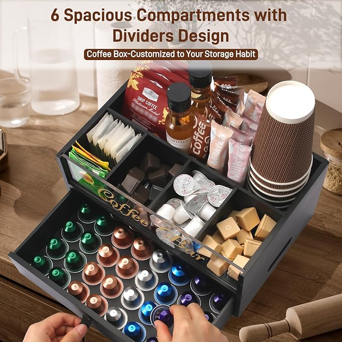 Intarsio 2-Tier Coffee Bar Organizer with Clear Acrylic Top, Built-in Drawer and Leather Handle Pull for Countertop, Stylish Coffee Station Storage Box for Accessories, Pods, Great Gifts for Home