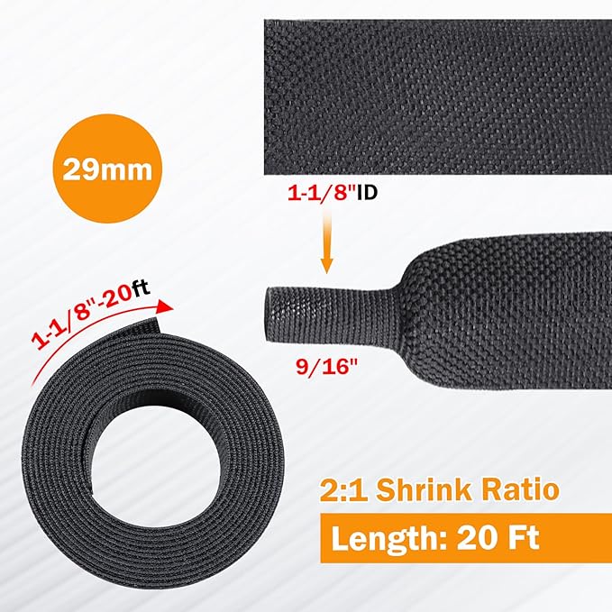 FOURUB 2:1 Heat Shrink Fabric Tubing Braided Sleeving Woven Wire Loom Shrinkable Cable Sleeve for Automotive Wire Harness/Cable Sheath (1-1/8"-20ft)