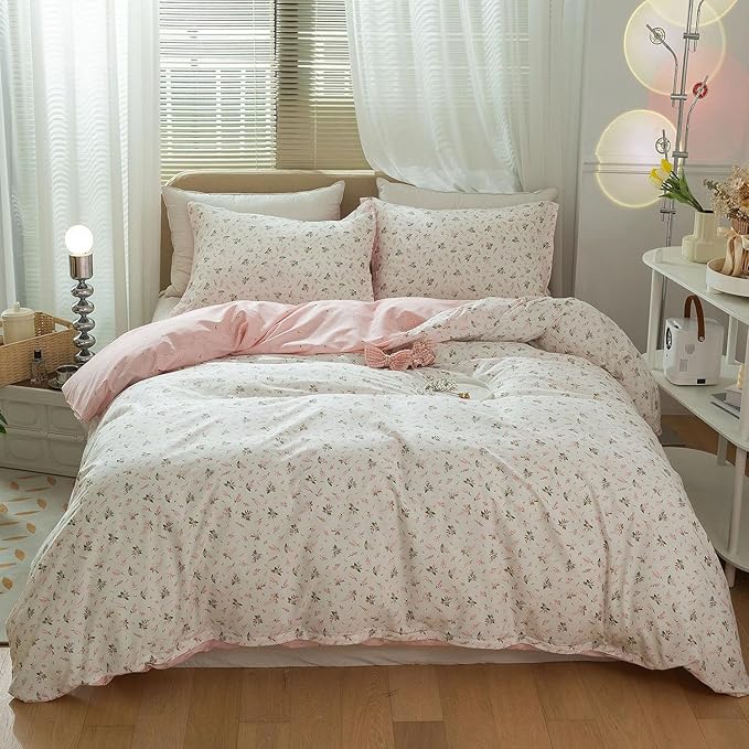 LifeTB Pink Flower Duvet Cover Twin XL Girls Aesthetic Floral Duvet Cover White Soft 100% Cotton Flower Bedding Set Cottage Floral Comforter Cover with Zipper Closure, Breathable, Easy Care