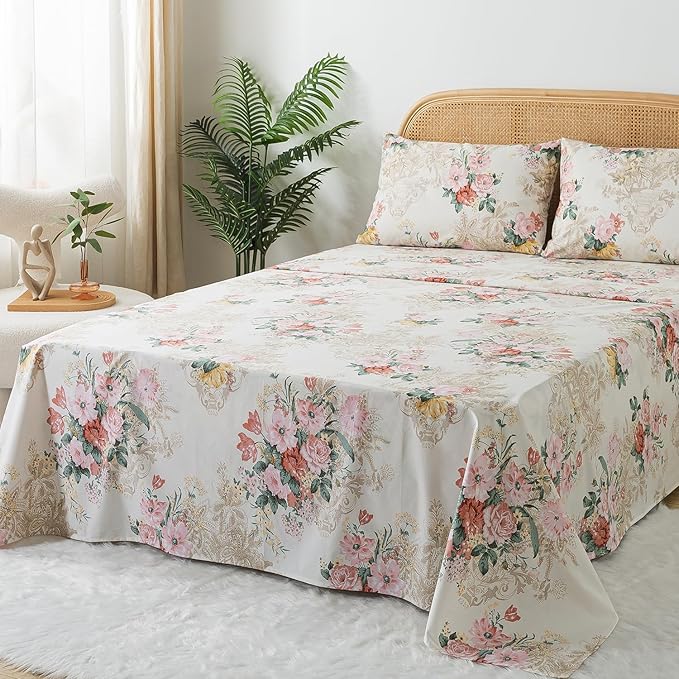 Zusbest Full Floral Bed Sheets, Soft 100% Cotton Pink & Cream Sheets, Shabby Vintage Chic Peony Flower Printed Paisley Bed Set, Breathable Luxury Bedding 4 Piece Deep Pocket 17.5‘’