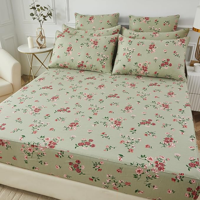 FADFAY Cal King Size Sheet Set 100% Cotton Sage Green Bed Sheets, French Country Red Rose Floral Pattern, Soft Cool Luxury Bedding, Shabby Vintage Style, 4 Pieces Deep Pocket Fitted Sheet