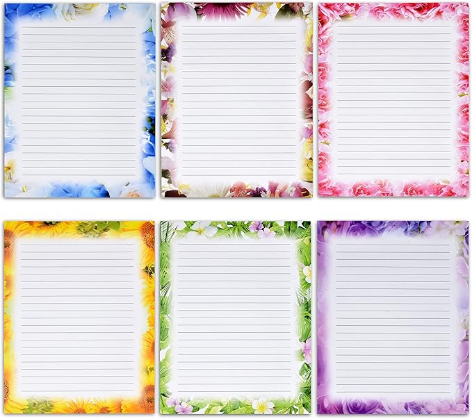 Gift Boutique 120 Pack Floral Lined Stationery Paper Letterhead Sheets, 8.5" X 11", 6 Flower Designs, Double Sided, Writing Printing Crafting Supplies