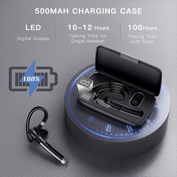 Boytond Bluetooth Headset V5.4,100 Hrs Talk Time Single-Ear Earphone,CVC8.0 Noise Cancelling Earpiece,Wireless Headset with Mic for Work,Driving Headset for Android, iOS, Laptop, Office, Truck Driver
