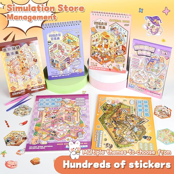 ASTARON 20 Sets DIY 3D Sticker Scene Book Sticker Therapy for Adults, Make Your Own Mini Cozy Shop House Room Stickers Cute Cartoon Miniature Stickers for Girls, Relief Stress Pass The Time