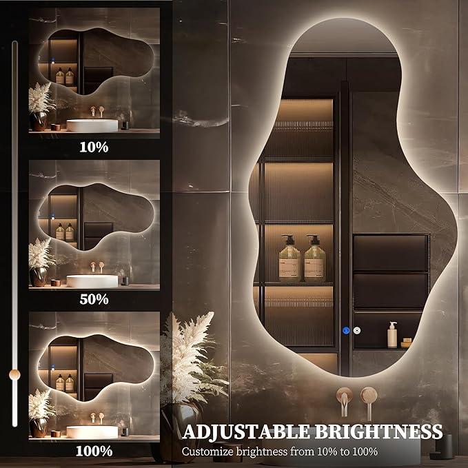 Irregular LED Bathroom Mirror with Lights, Backlit Vanity Mirror for Wall, Asymmetrical Wall Mirror, 3 Color Dimmable Anti-Fog Smart, Decorative Mirror for Bathroom, Entryway(24″ x 40″, 1 Pack)