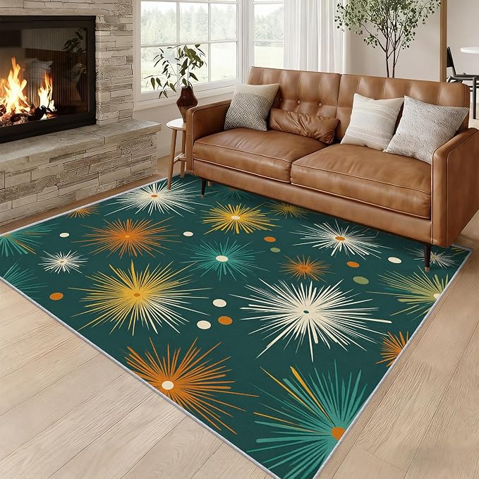Abstract Atomic Rugs for Living Room Decor, 3x4 ft, MCM Geometric Starburst Area Rugs for Bedroom, Soft Non Slip Washable Mid Century Modern Carpet Home Decorations D-g48