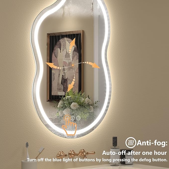 Irregular Backlit Bathroom Mirror with Lights 20x36 Inch, Asymmetrical Cloud-Shaped Led Lighted Vanity Mirror, Fogless, Dimmable, Shatterproof, Memory (Horizontal/Vertical)