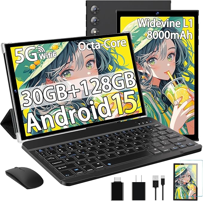 SKYEGG 2025 Android 15 Tablet 10.1 Inch Tablets, 30GB RAM 128GB ROM 1TB Expand, 8000mAh Battery, BT5.0, 2.4/5G Wi-Fi 6, Metal Body with Keyboard & Mouse, Gemini AI, Widevine L1 HD IPS Display - Black