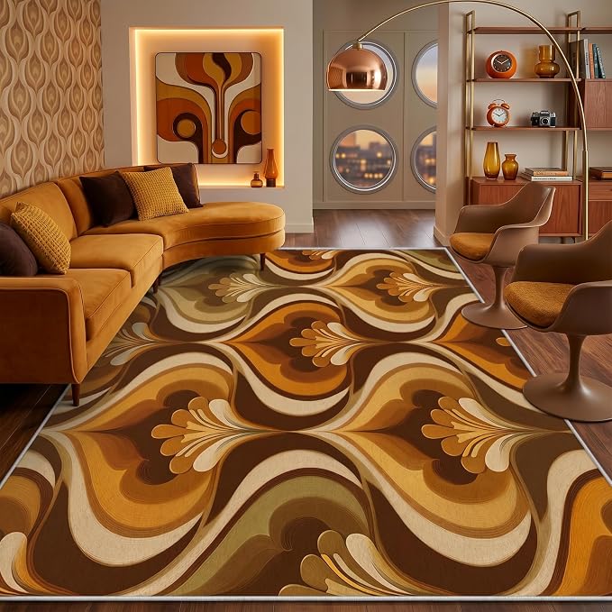 Retro 70s Area Rug 5x6, Mid Century Floral Geometric Rug, Burnt Orange Brown Vintage Carpet for Living Room Bedroom, Non-Slip Washable Area Rug