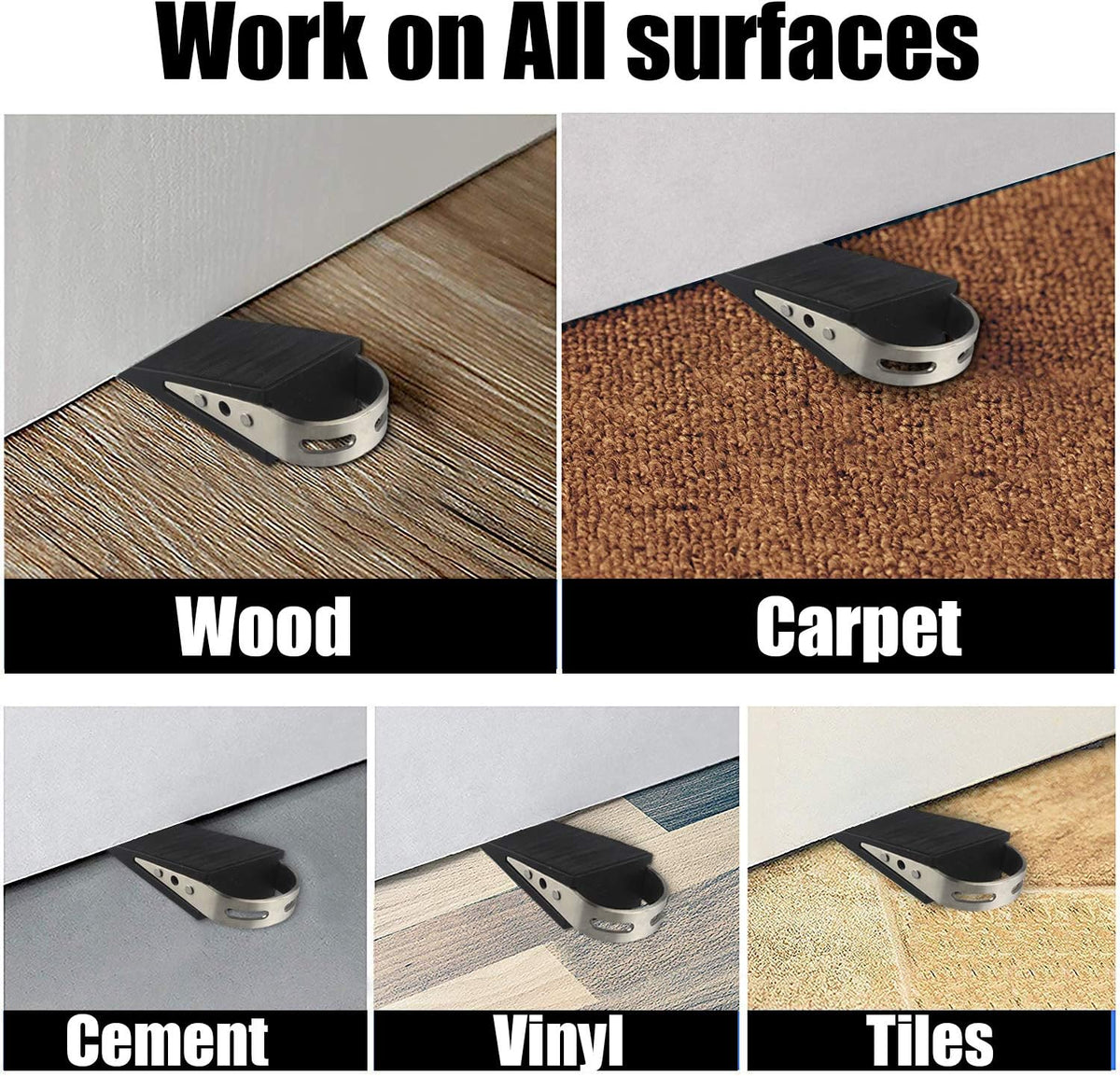 JQK Heavy Duty Door Stopper Rubber Wedge, 304 Stainless Steel Security Door Stops Works On All Floor Types, Brushed(2 Pack), DSB6-BN-P2