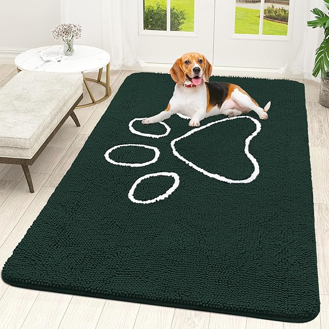 OLANLY Dog Door Mat for Muddy Paws 59x35, Paw Print Design, Absorbs Moisture and Dirt, Absorbent Non-Slip Washable Doormat, Quick Dry Chenille Mud Mat, Entry Indoor Entryway Carpet, Blackish Green