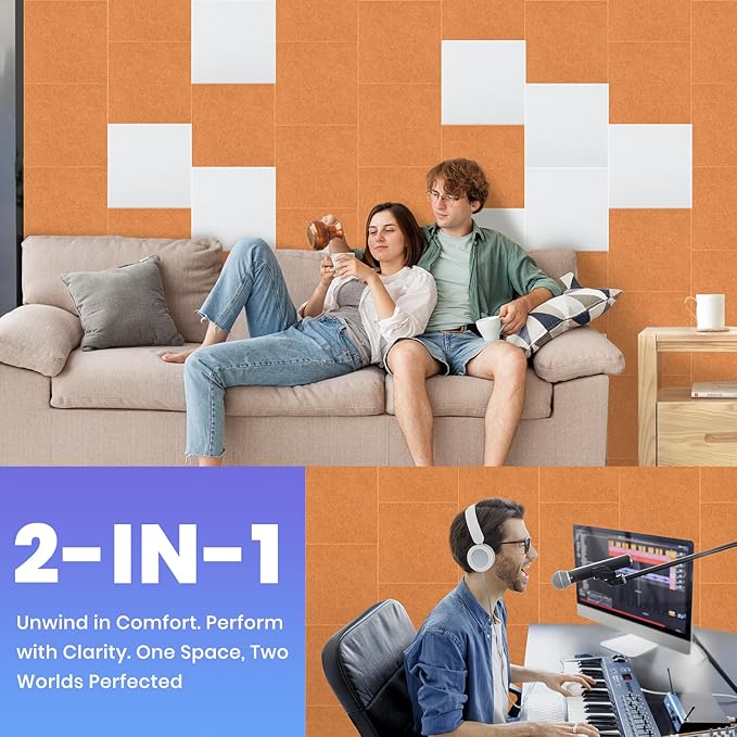 Focusound 18 Pack Sound Proof Panels for Walls, Self-Adhesive Acoustic Panels Sound Absorbing, 12" X 12" X 0.4" High Density Square Soundproof Wall Panels