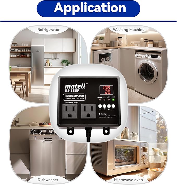 matell Refrigerator Surge Protector, Double Outlet Voltage and Current Protector for Home Appliances with Time Delay, Spike, Instant Surge All Voltage Abnormalities,Protects Against Brownout