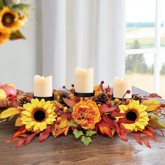 Thanksgiving Centerpiece Fall Table Decorations, Artificial Sunflowers, Peony, Berries, Pine Cones and Autumn Leaves Harvest Table Candelabrum for Fireplace Mantel (Candle Not Included)