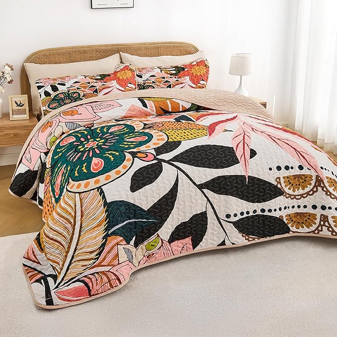 Quilt Set Twin Size, Boho Floral 2 Pcs Soft Bed Cover Bedding Set, Mid Century Flowers Lightweight Bedspread Coverlet with Pillow Sham for All Season