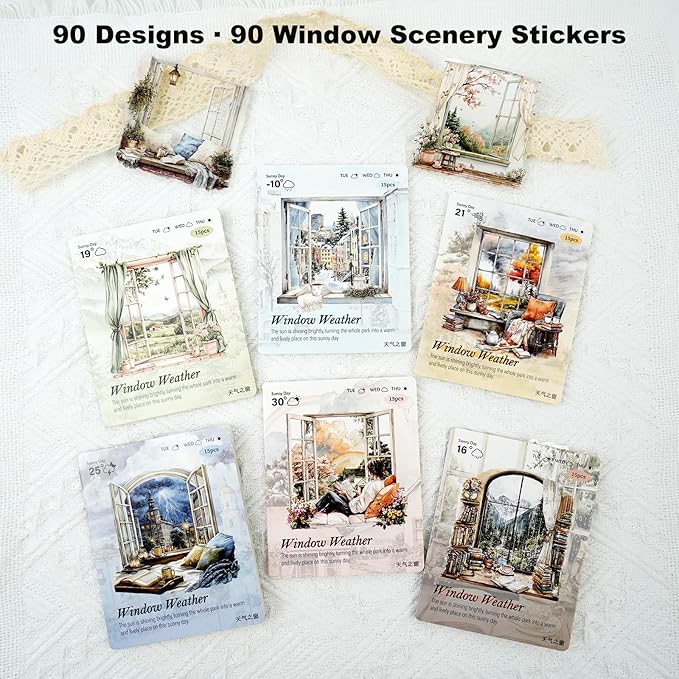 AuriicLeaf Weather Window PET Stickers, 90PCS Large Window Scenery Designs - Cozy Seasonal Views for Scrapbook Journals Planners DIY Decor