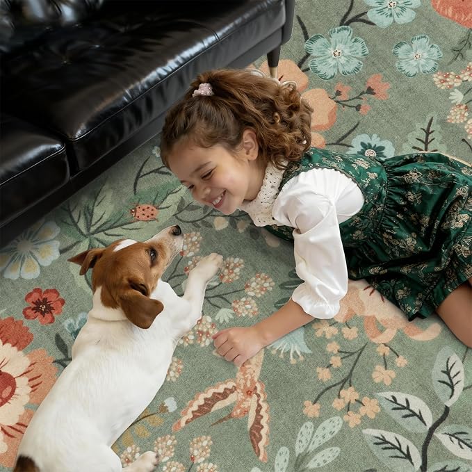 DCX Vintage Floral Rug 2x6, Washable Sage Green Rug for Hallway, Kid & Pet Friendly with Rubber Back Non Slip, Soft Low Pile Carpet, Stain Resistant Rug for Dining Room, Kitchen, and Bathroom