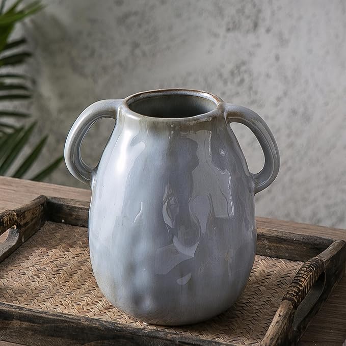 Kimdio Ceramic Vase with 2 Handles, Modern Farmhouse Grey Vase for Home Decor, Rustic Pottery Vase, Boho Decorative Terracotta for Flowers, Clay Pampas Grass Vases for Living Room Dining Table Shelves