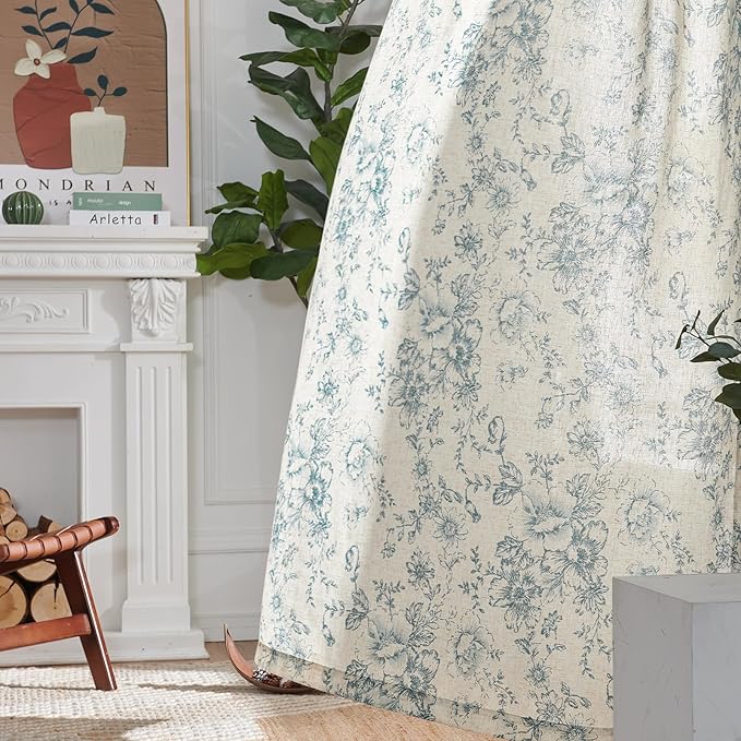 jinchan Linen Floral Curtains Extra Wide for Patio Sliding Glass Door Room Divider Curtain for Living Room 90 Inch Length Farmhouse Peony Blue Printed Curtain Set 1 Panel