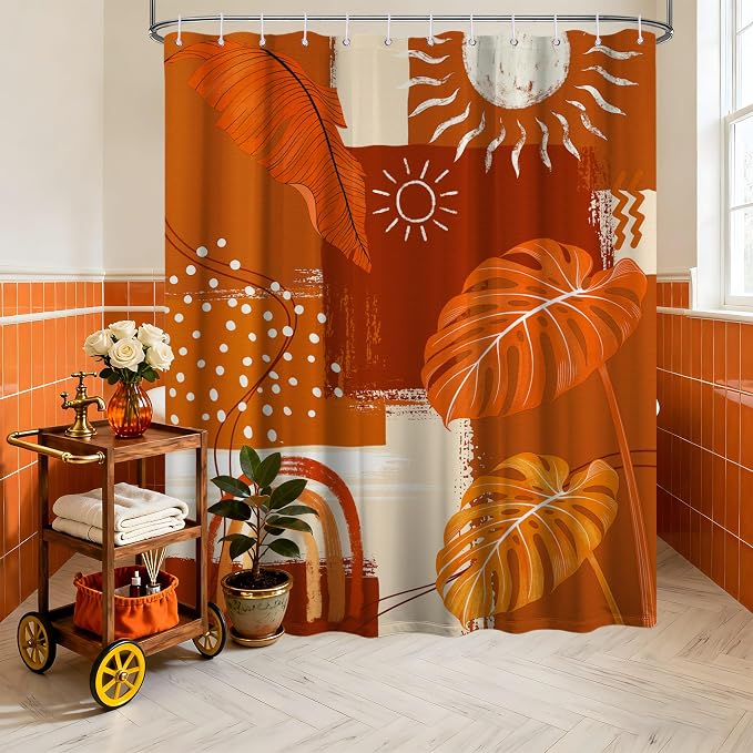 Burnt Orange Mid Century Modern Shower Curtain Bohemian Abstract Leaf Shower Curtains for Bathroom Decor Sets, Waterproof Cloth Fabric with Hooks, 72x84 Inch