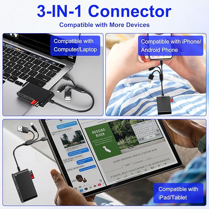 SIM Card Adapter for Computer/Laptop - SD/TF/M2/MMC/Memory Stick Pro Duo Adapter for iPhone/USB C/A, 7in3 SIM Reader & CAC Reader & Memory Card Reader, Lightning Port Does Not for SIM/Smart/CAC Card