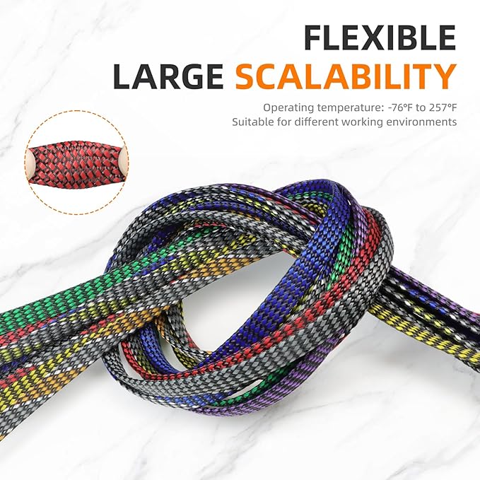 Braided Expandable Cable Sleeve, 25ft PP Cotton and PET Braided Cable Management, Flexible Mesh Wire Loom and Cable Protector for TV, Computer, Home Theater, Automotive (Red, 1/2")