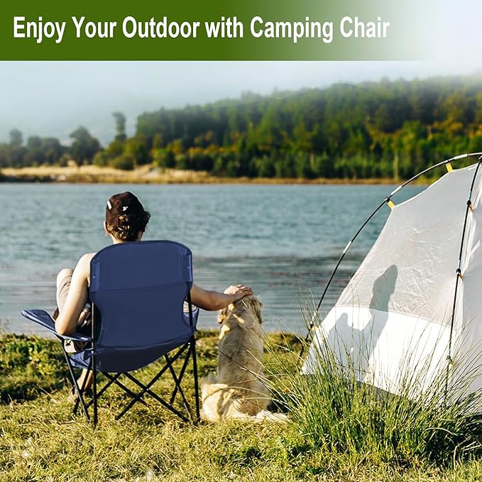 2PCS Folding Camping Collapsible Chairs Heavy Duty Lawn Chair with Cooler Bag, Storage Pocket, Waterproof Bag Outdoor Arm Chair, Supports 225LBS, Cyan